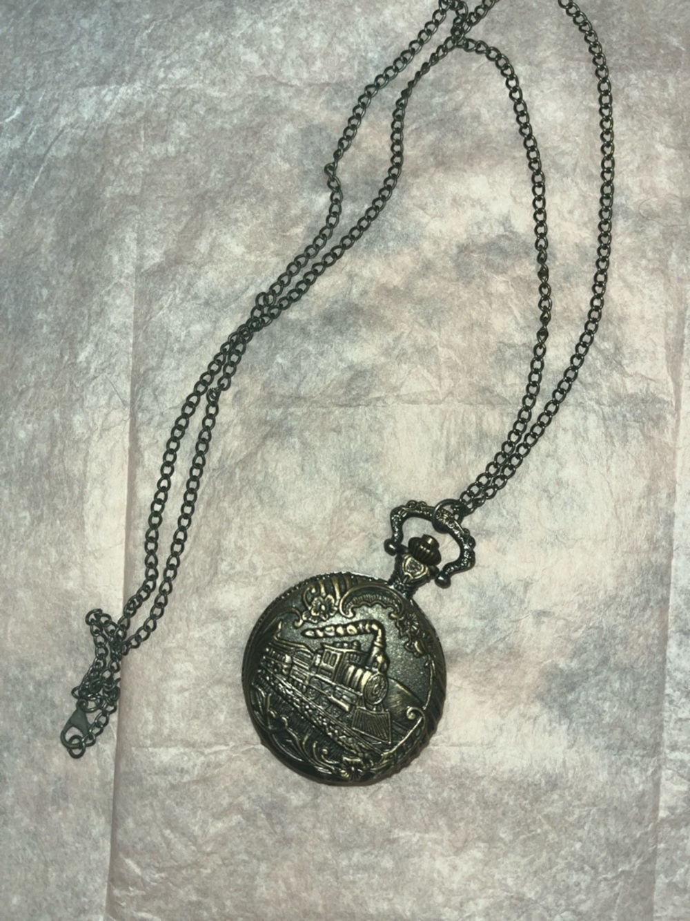 Antique-Style Train Pocket Watch Necklace in Aged Brass